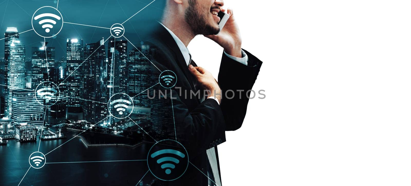 Double Exposure Image of Business Communication Network Technology Concept - Business people using smartphone or mobile phone device on modern cityscape background. uds