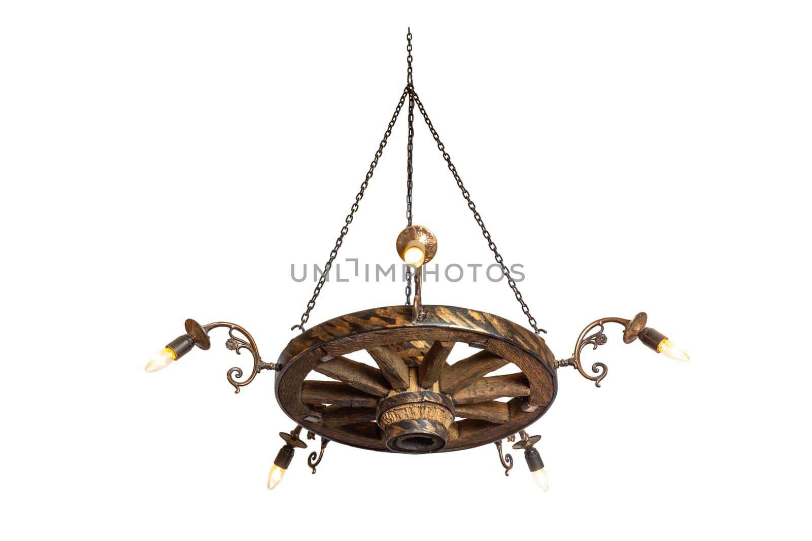 Decorative chandelier from a trolley wheel with chains and with concealed wiring. by BY-_-BY