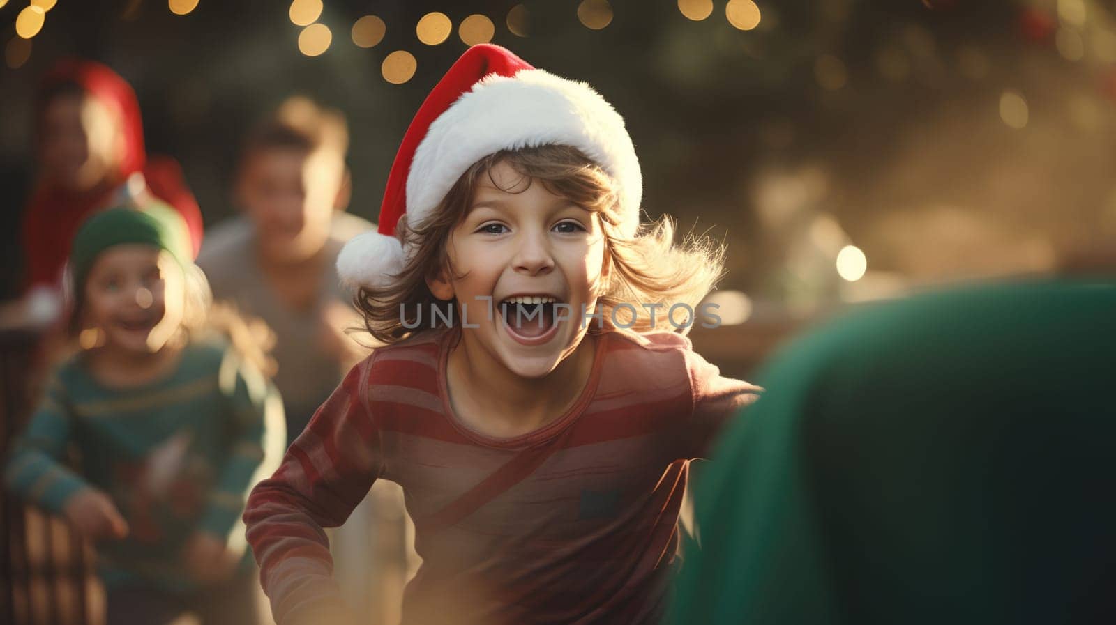 Happy kids in red Santa hat have fun and laughing. Christmas games and fun. by JuliaDorian