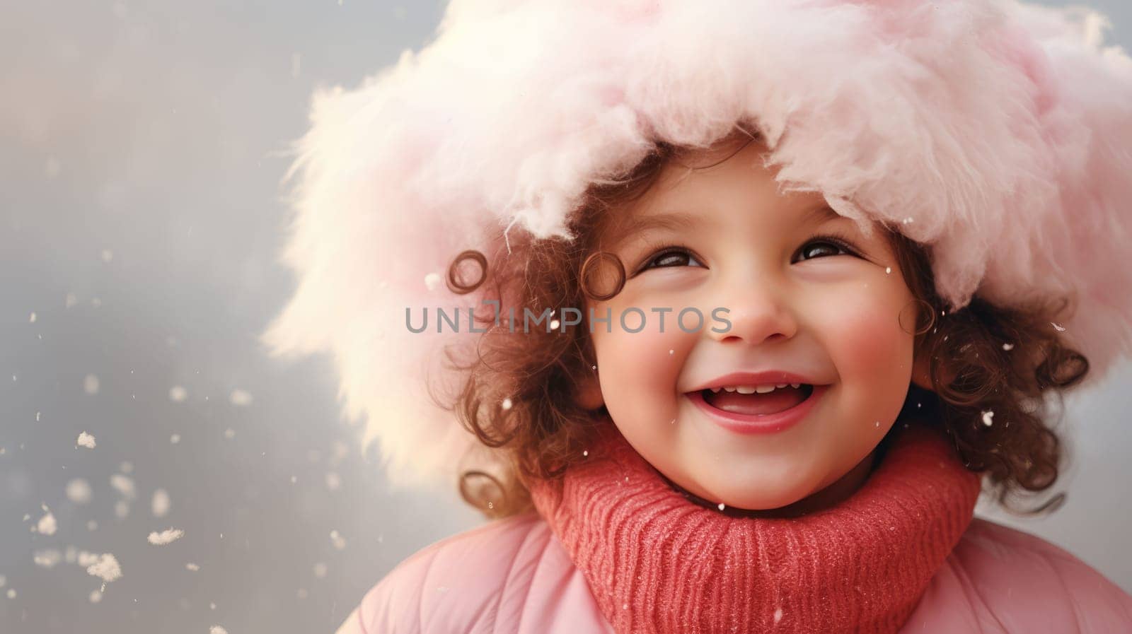 Cute little girl wearing red Santa hat and smiling. Christmas and New Year concept. Copy space