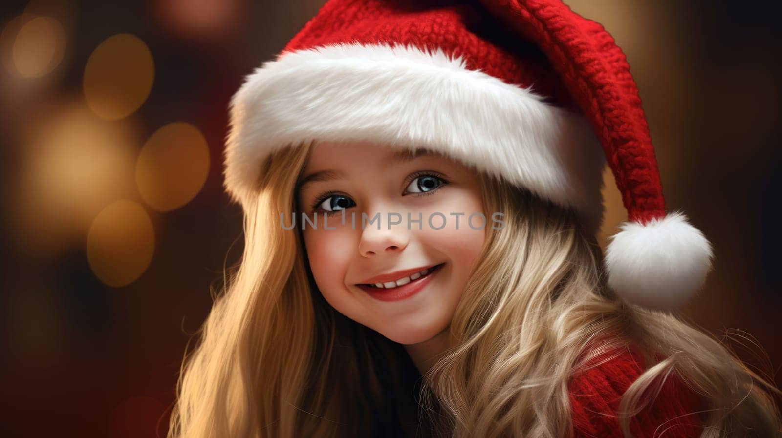 Cute little girl wearing red Santa hat and smiling. Christmas and New Year concept. Copy space
