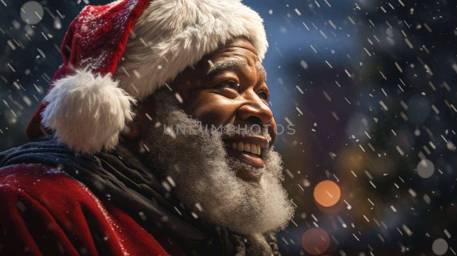 Happy African American Santa Claus on dark background. Christmas holidays