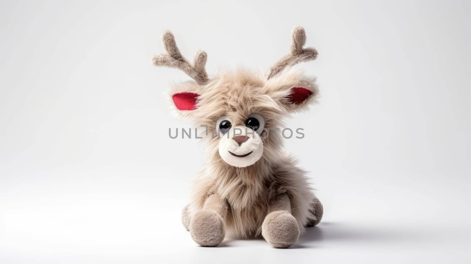 Cute fluffy vintage toy with a red bow on white background. Christmas gift for kids.