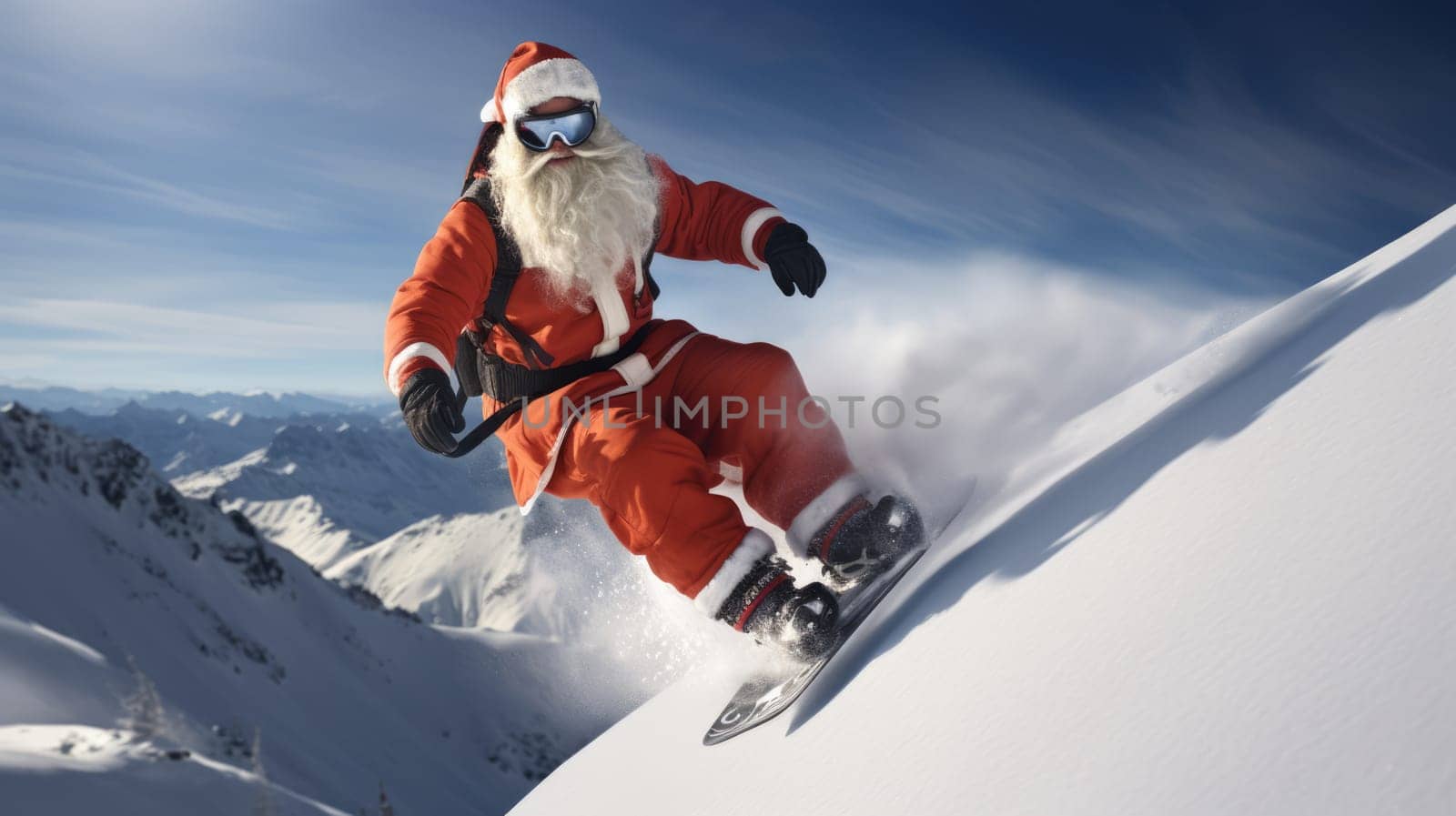 Santa Claus on snowboard in mountains. Santa Claus on vacation. Surfing Santa. Santa goes snowboarding