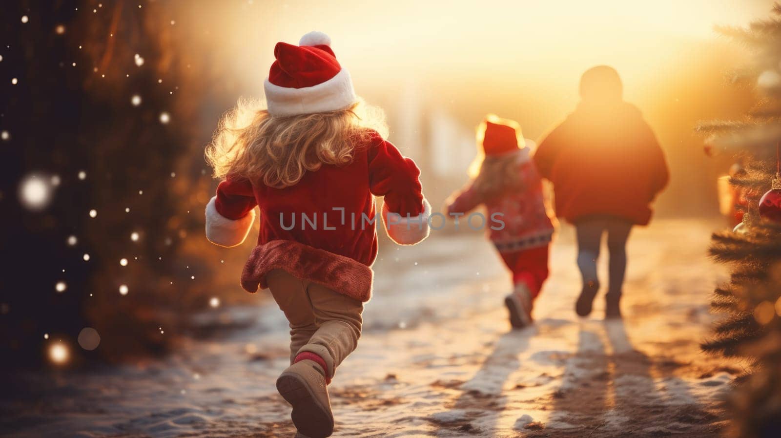 Happy kids in red Santa hat have fun and laughing. Christmas games and fun. by JuliaDorian