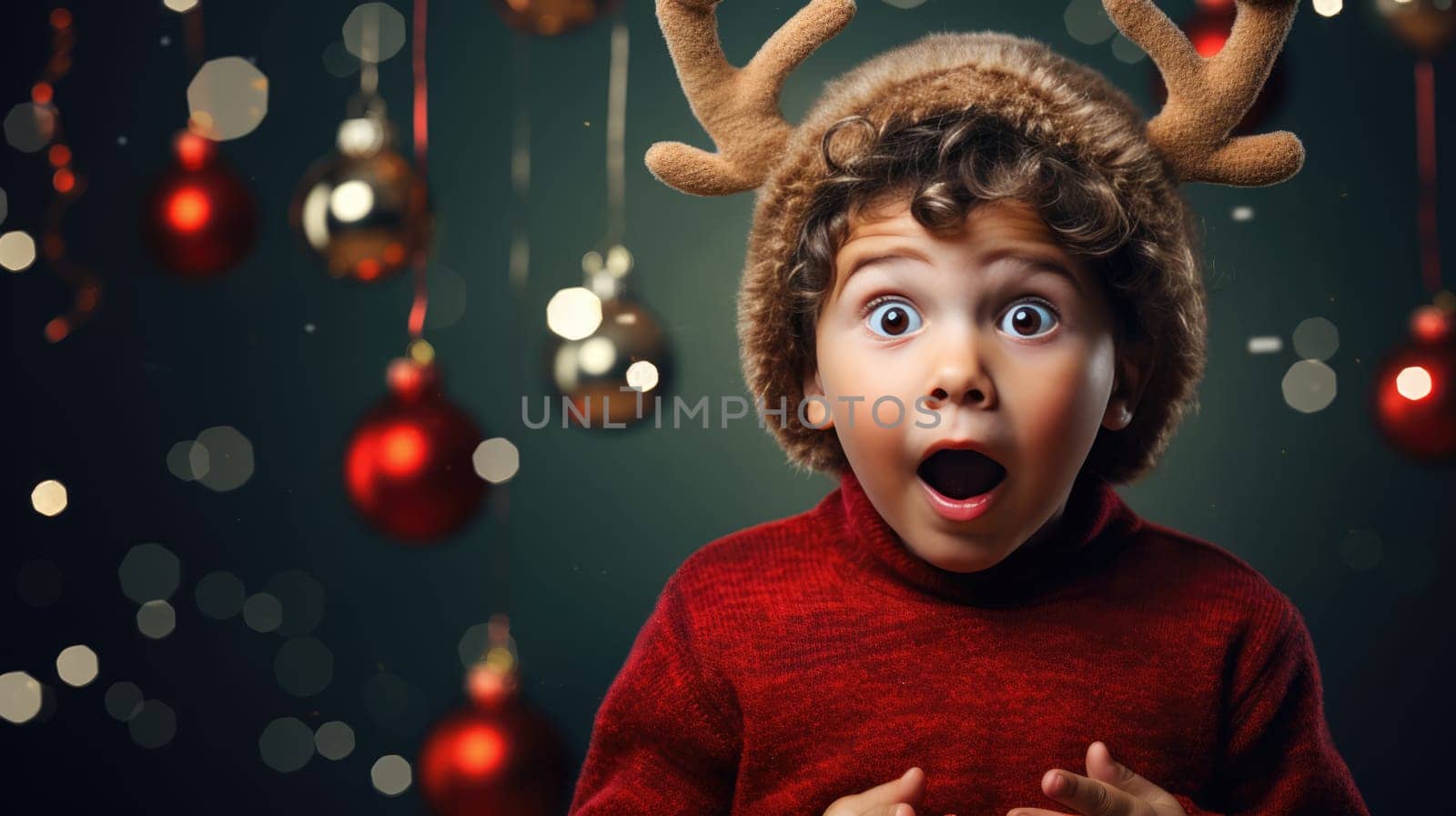 Surprised little boy wearing reindeer antlers holding gift box. Christmas holidays. Boxing Day shopping. Holiday shopping.