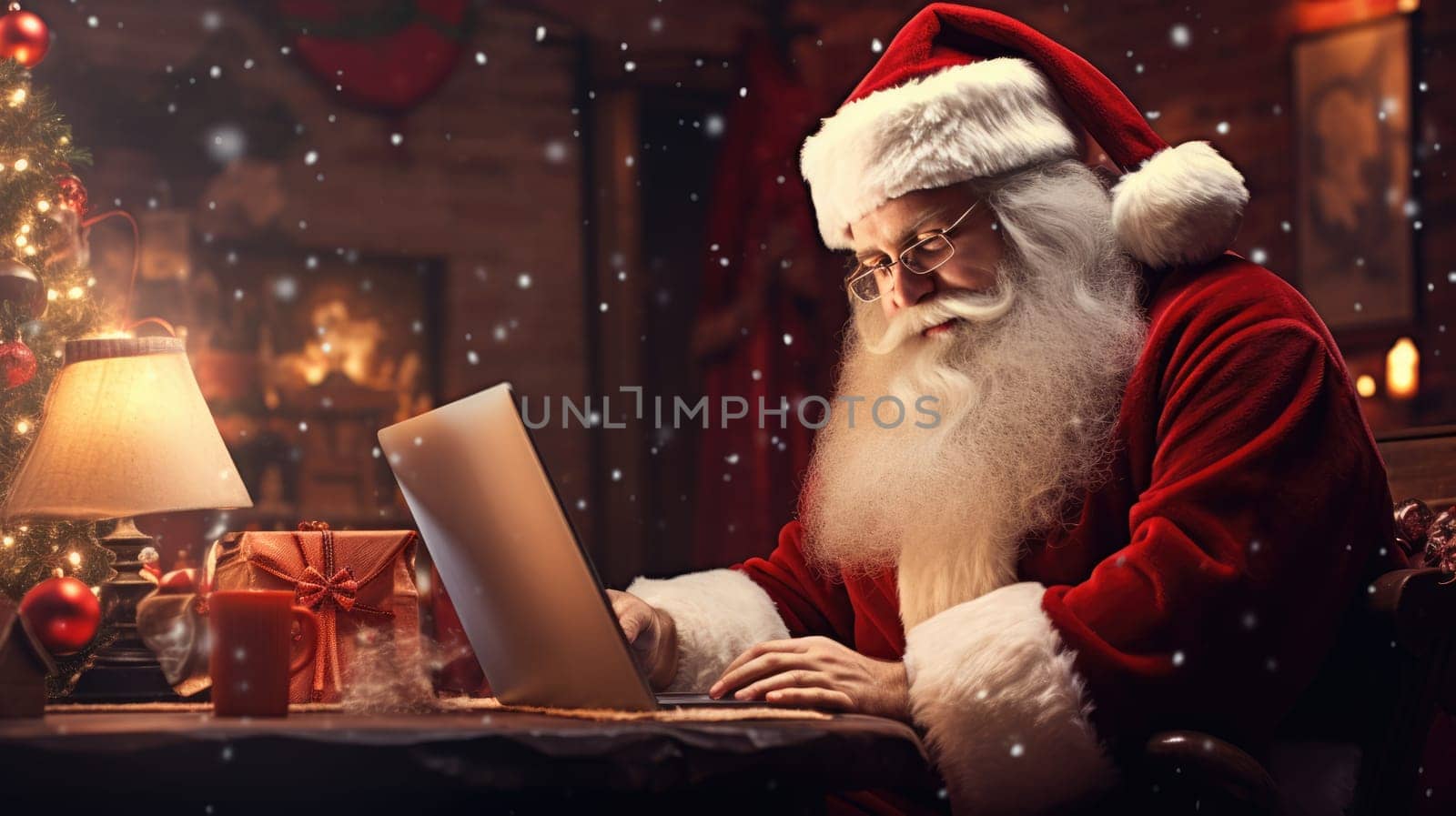 Happy old Santa Claus using laptop computer at home late on Christmas eve. Ecommerce website Boxing Day time holiday online shopping e commerce sale. by JuliaDorian