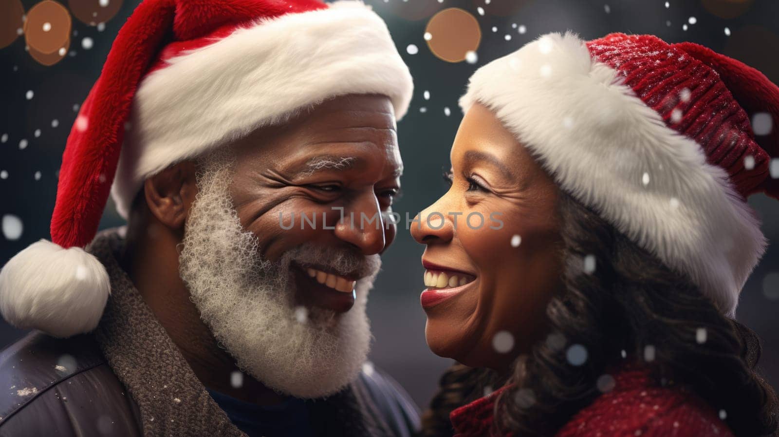 Senior African American couple smiling and wearing Santa hats, looking at camera. Family time Christmas celebration. by JuliaDorian