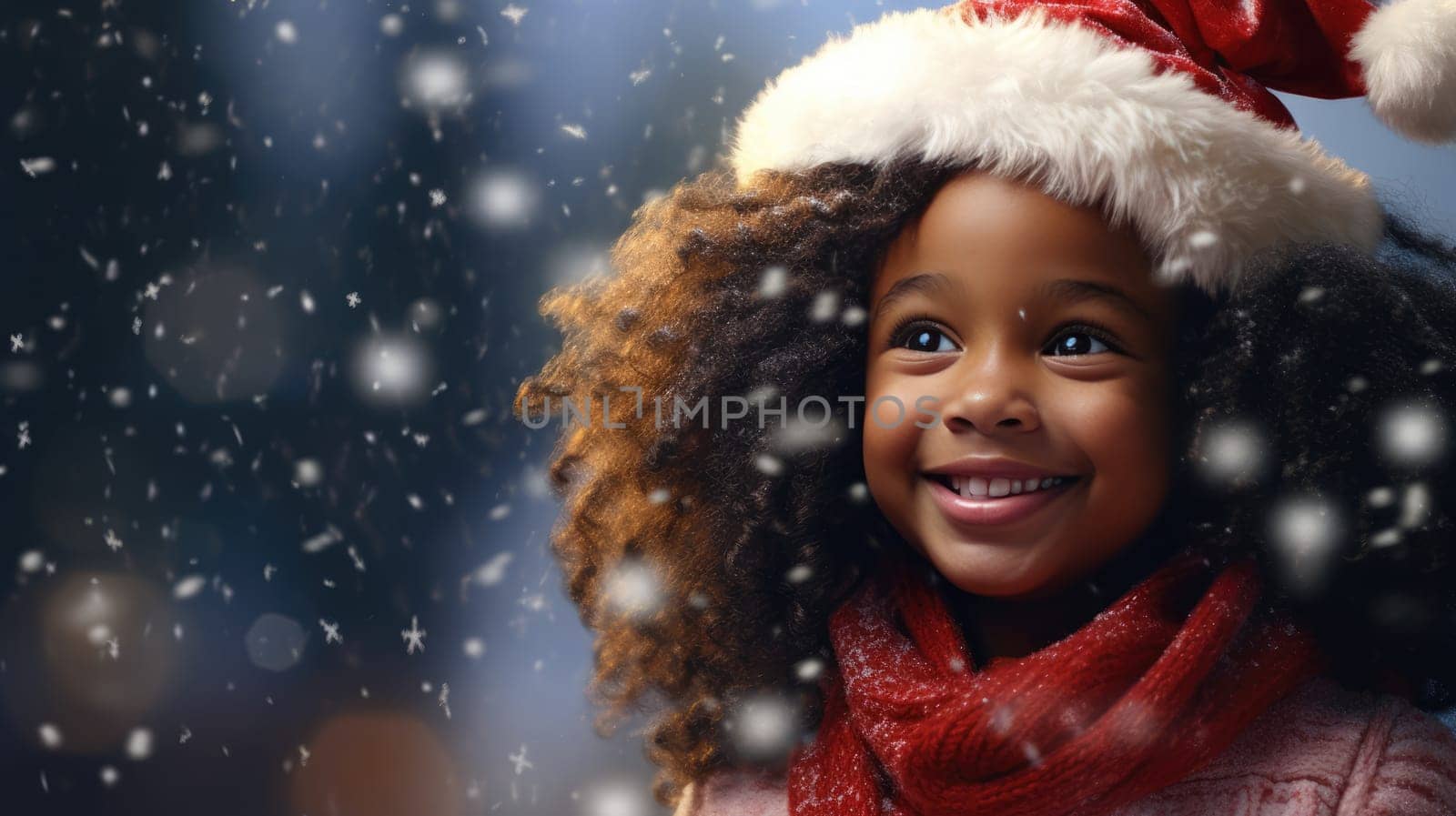 Happy African American kid is looking to the camera. Christmas holiday shopping. Give and share kindness