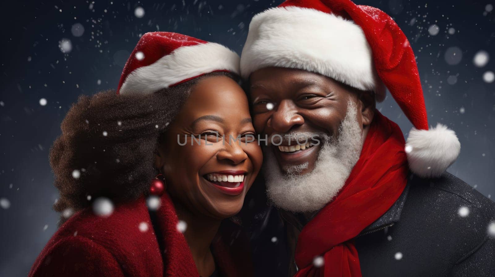 Senior African American couple smiling and wearing Santa hats, looking at camera. Family time Christmas celebration. by JuliaDorian
