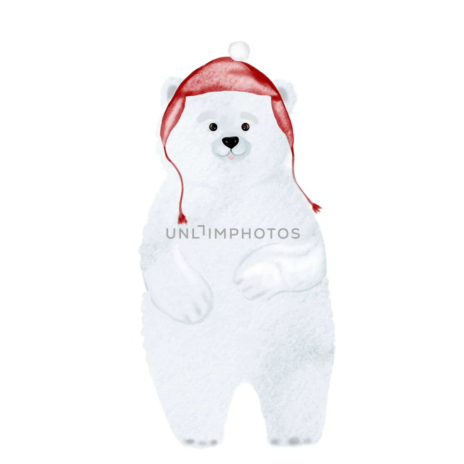 Watercolor drawing of a white polar bear baby. Cute animal northern cub in a red cap isolate on a white background. For printing on T-shirts and pillows. High quality photo