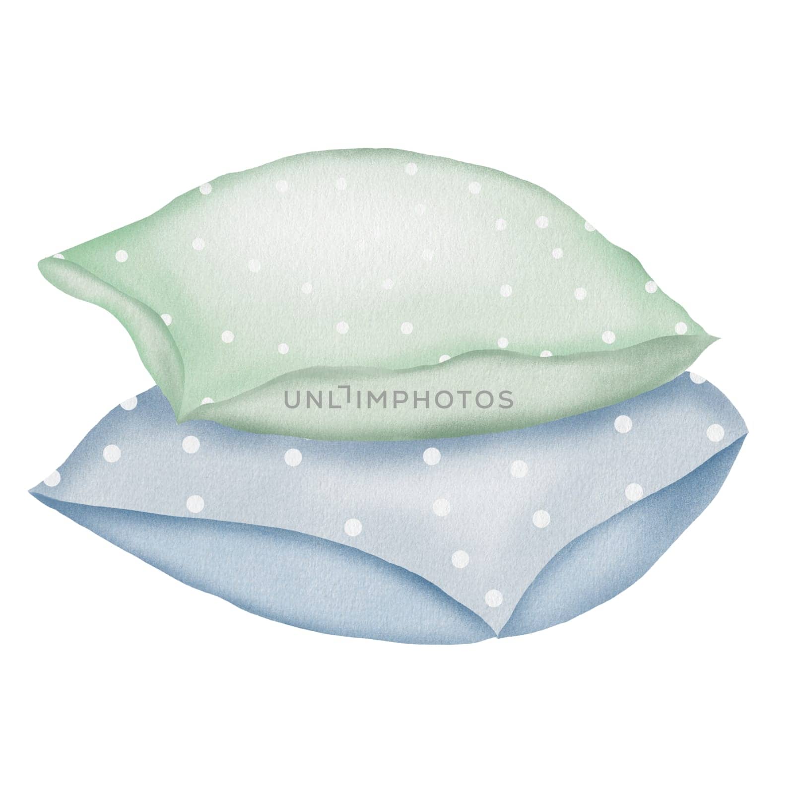 Watercolor drawing of two pillows on top of each other in pastel colors of blue and green with a white dot. Cute pictures for the design of postcards and children's cards