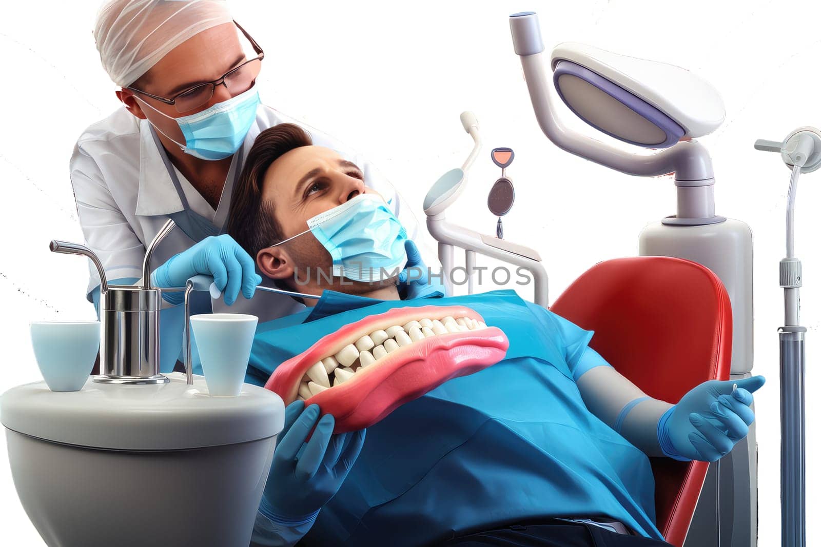 Dentist during the work 3d colorful illustration - Generative AI. Dentist, open, mouth, uniform, mask.