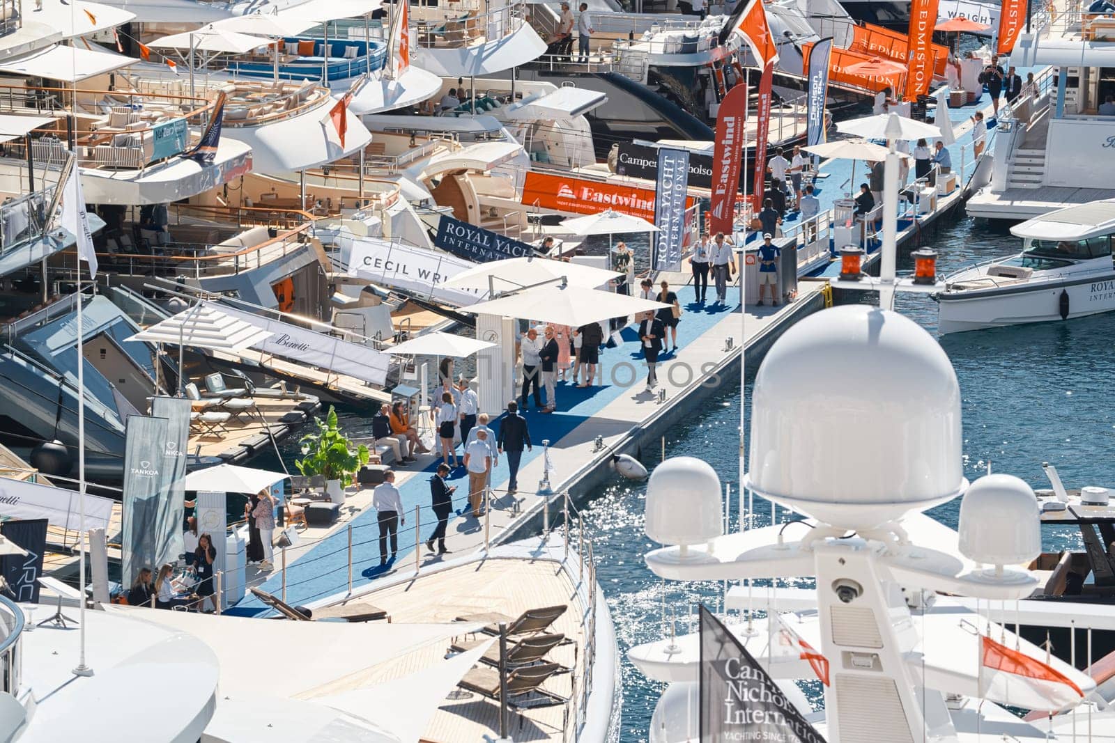 Monaco, Monte Carlo, 27 September 2022 - a lot of luxury yachts at the famous motorboat exhibition in the principality, the most expensive boats for the richest people around the world, yacht brokers. High quality photo