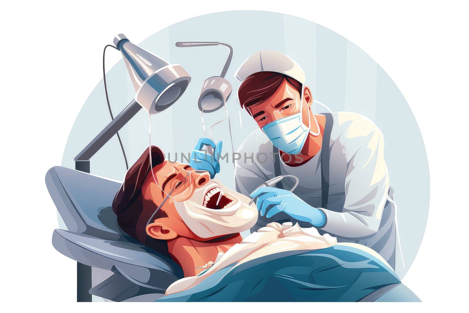 Dentist during the work 3d colorful illustration - Generative AI. Dentist, open, mouth, uniform, mask.