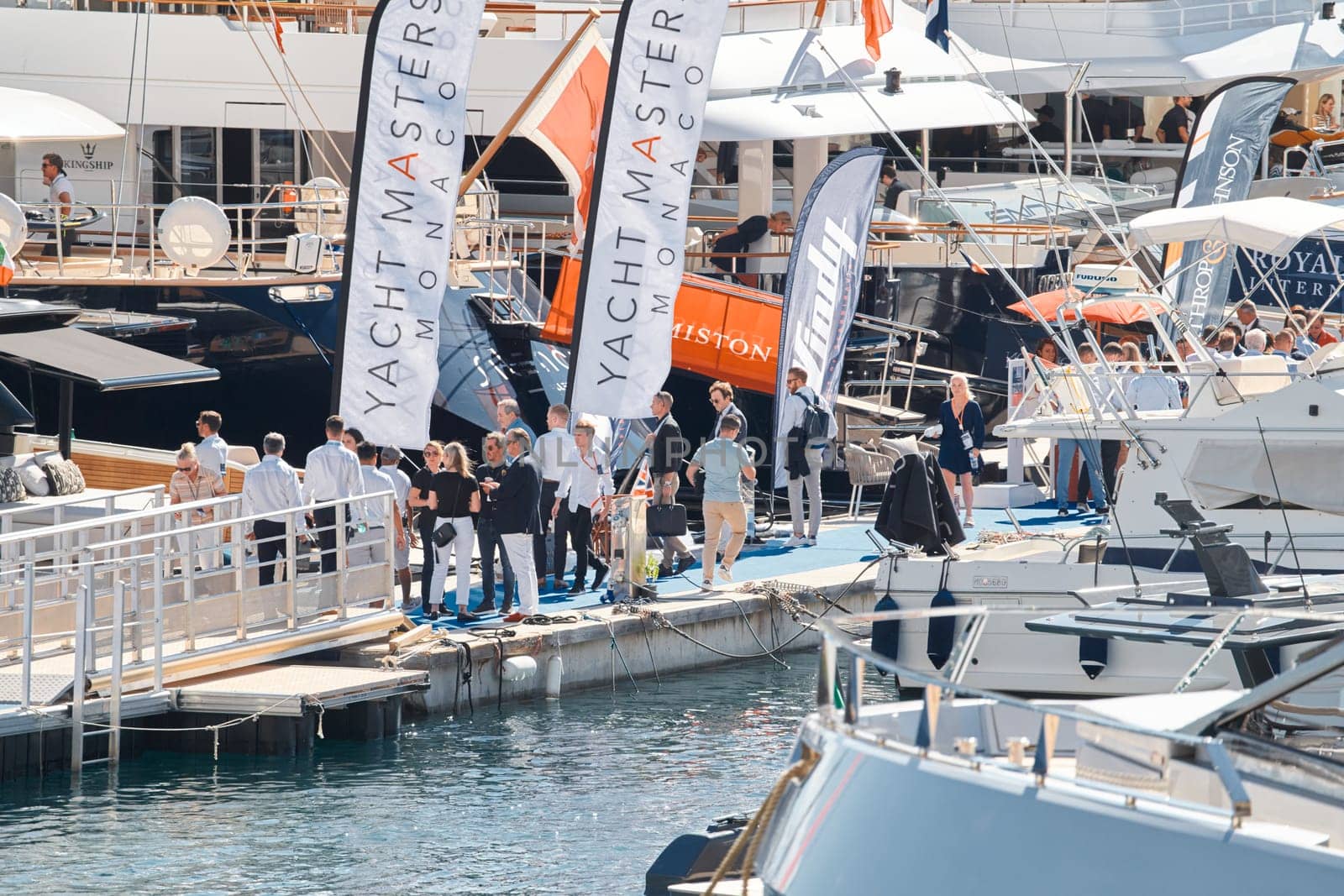 Monaco, Monte Carlo, 27 September 2022 - a lot of luxury yachts at the famous motorboat exhibition in the principality, the most expensive boats for the richest people around the world, yacht brokers. High quality photo