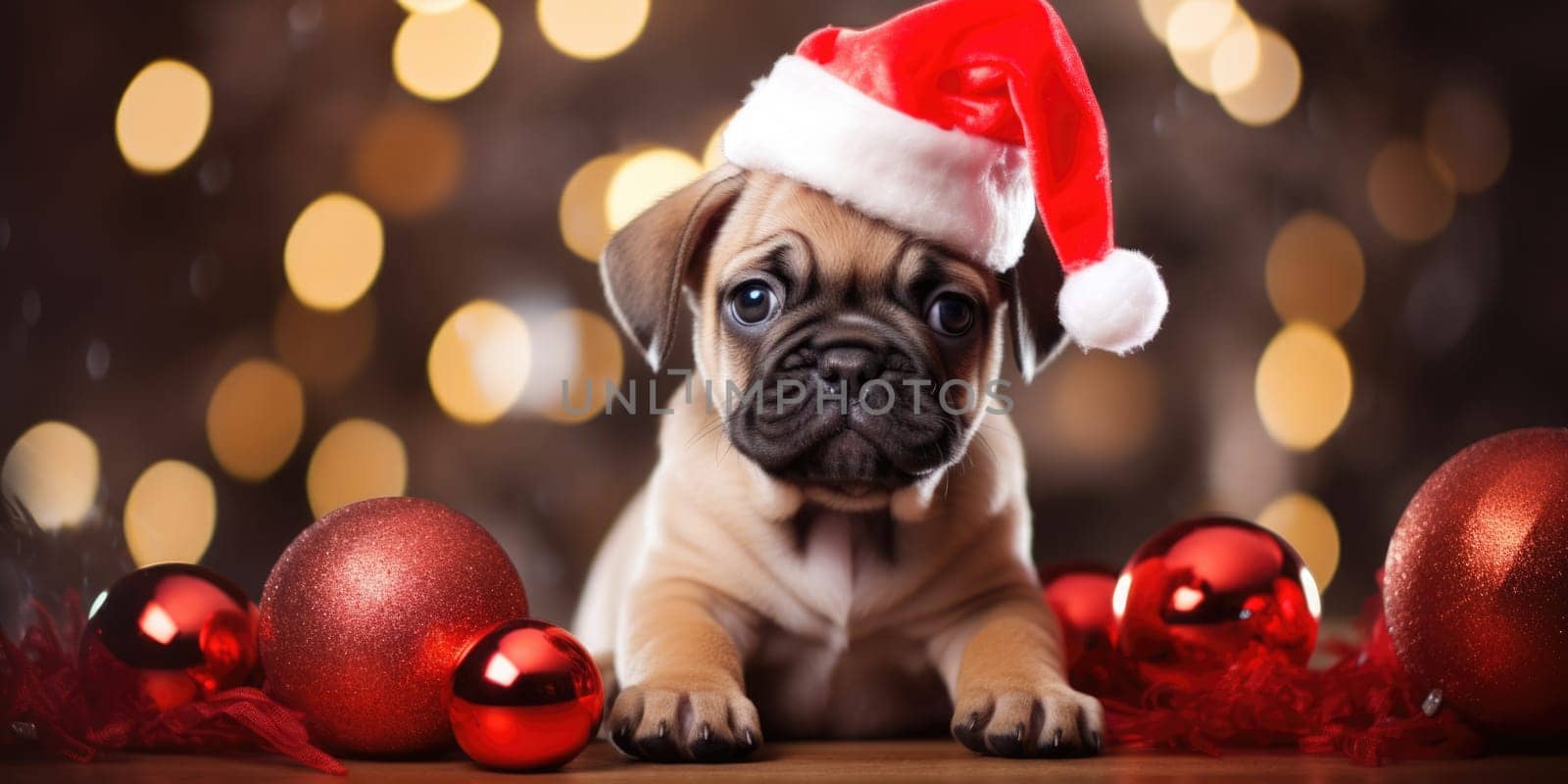 Adorable dog wearing Santa hats at room decorated for Christmas comeliness