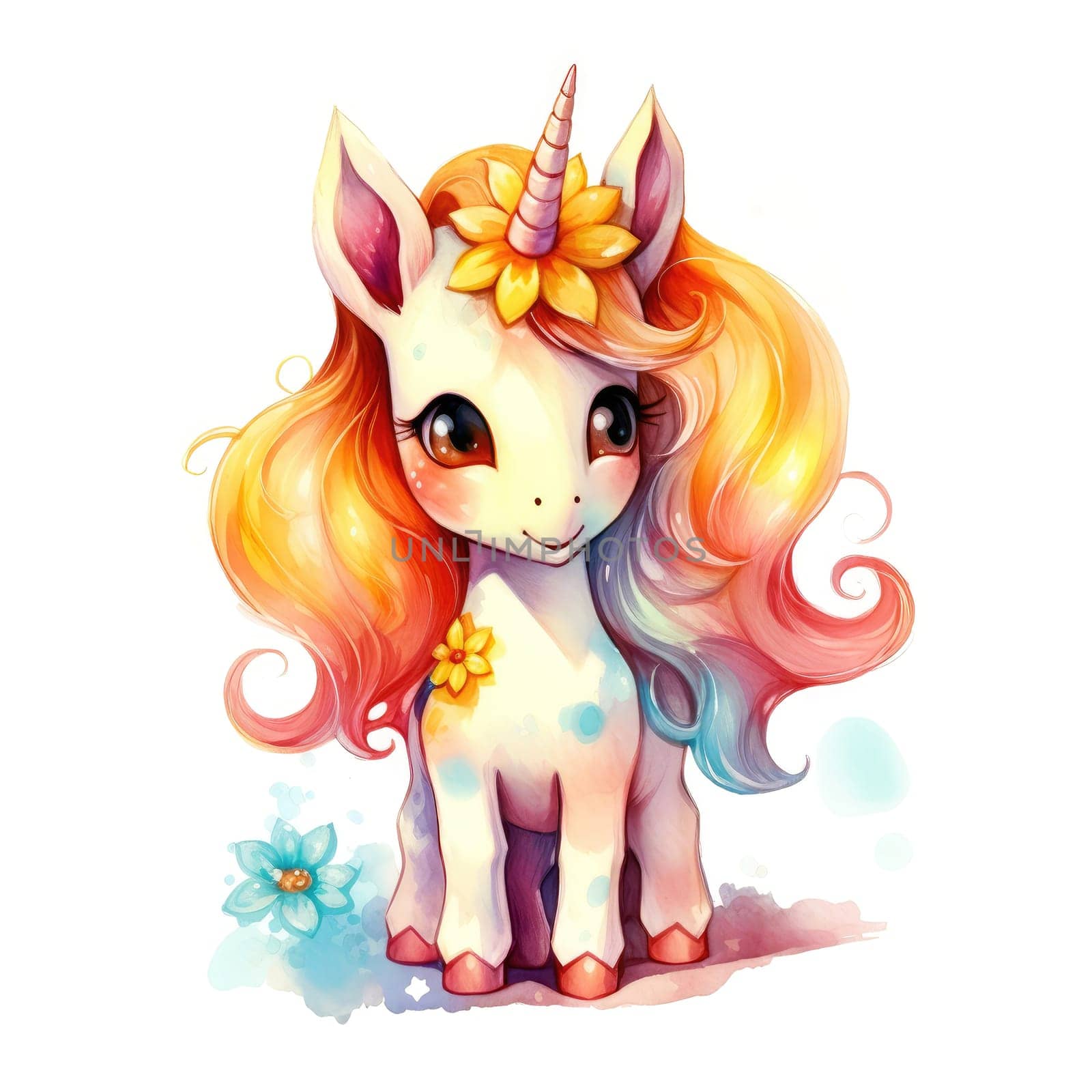 Watercolor small cute unicorn with flowers isolated on white background. Template for poster, t-shirt, sticker, toy, etc. Decorative element for design