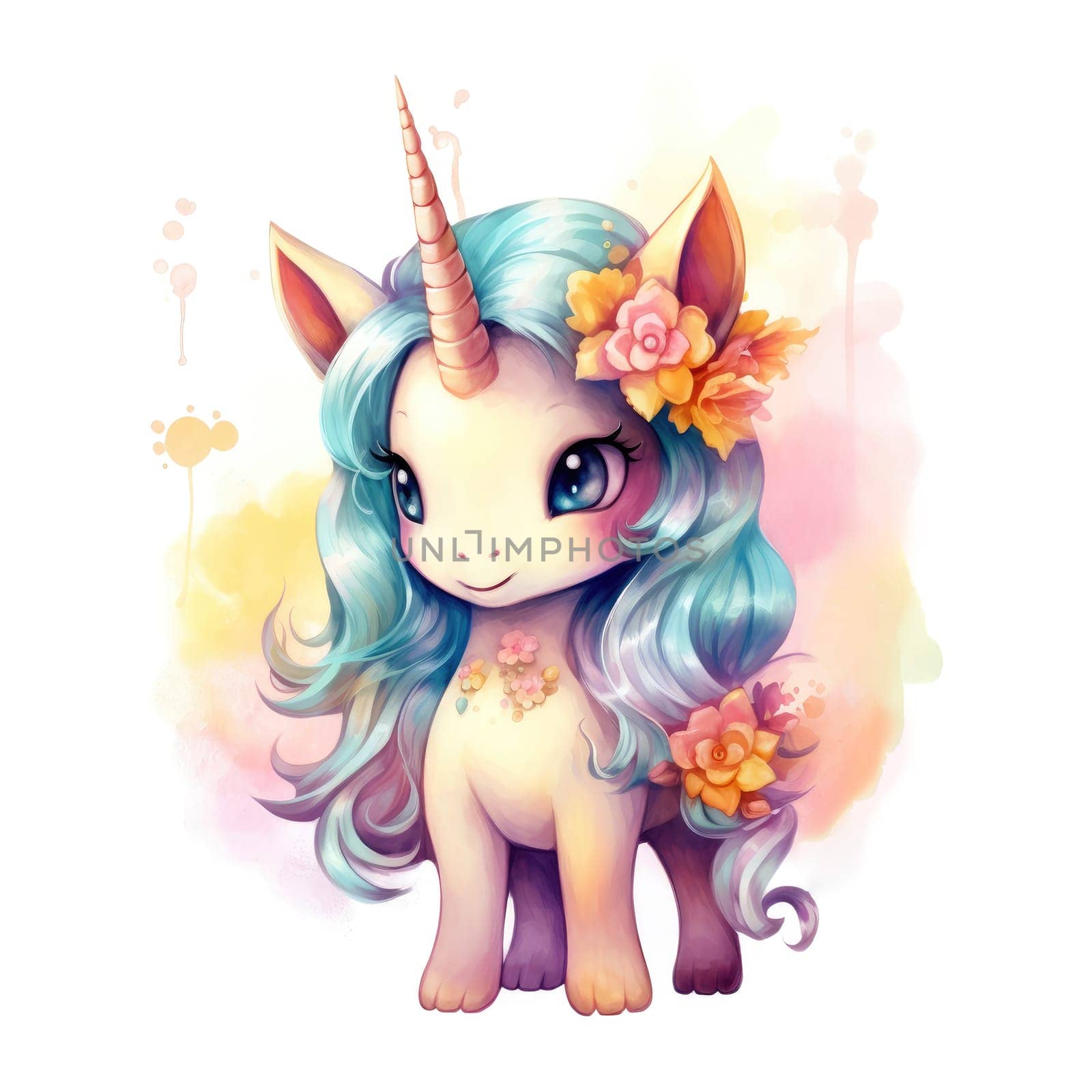 Watercolor small cute unicorn with flowers isolated on white background. Template for poster, t-shirt, sticker, toy, etc. Decorative element for design