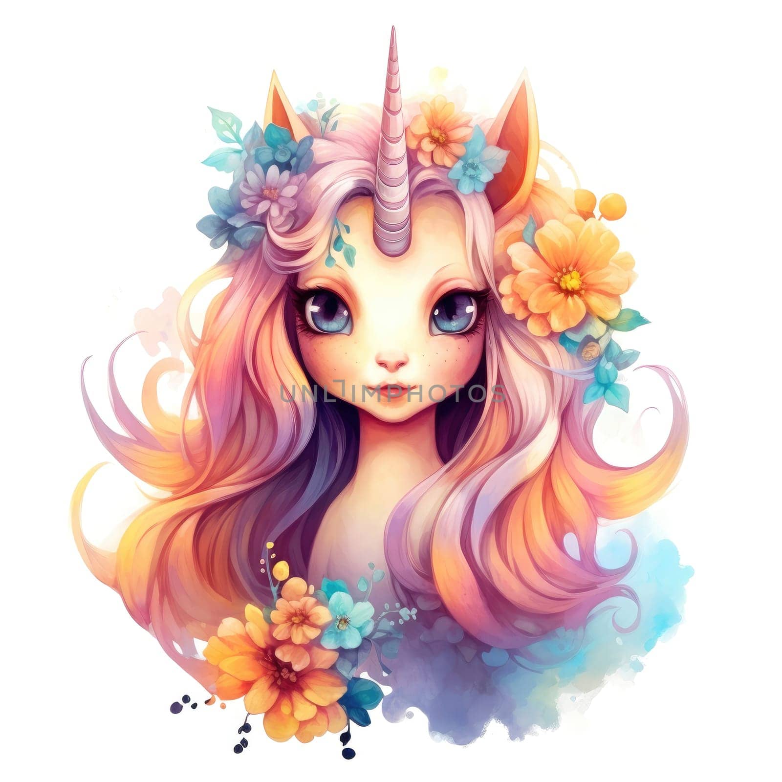 Watercolor small cute unicorn with flowers isolated on white background. Template for poster, t-shirt, sticker, toy, etc. Decorative element for design