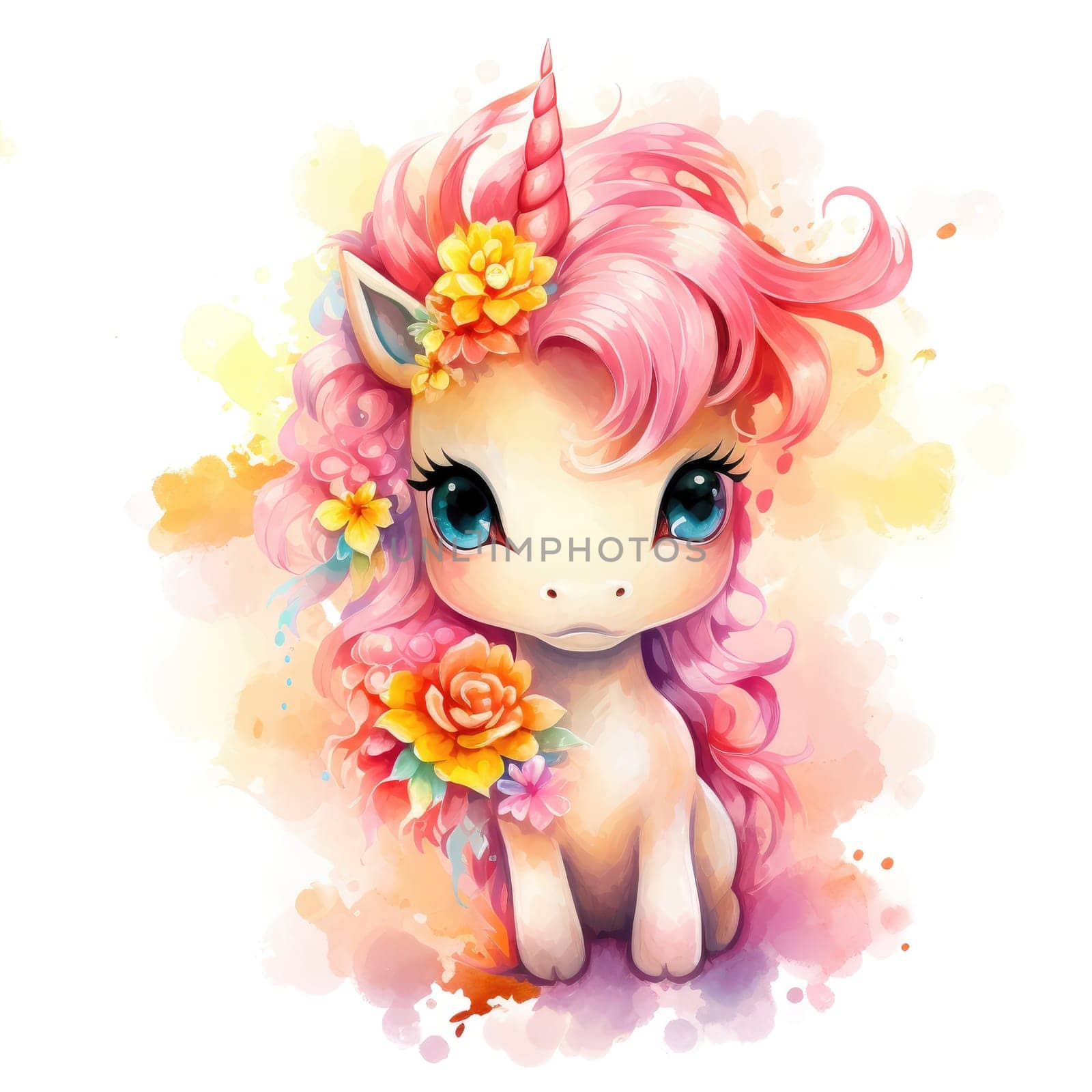 Watercolor small cute unicorn with flowers isolated on white background. Template for poster, t-shirt, sticker, toy, etc. Decorative element for design