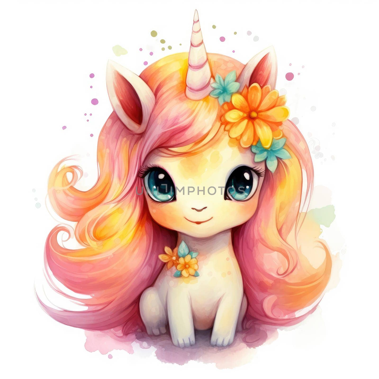 Watercolor small cute unicorn with flowers isolated on white background. Template for poster, t-shirt, sticker, toy, etc. Decorative element for design