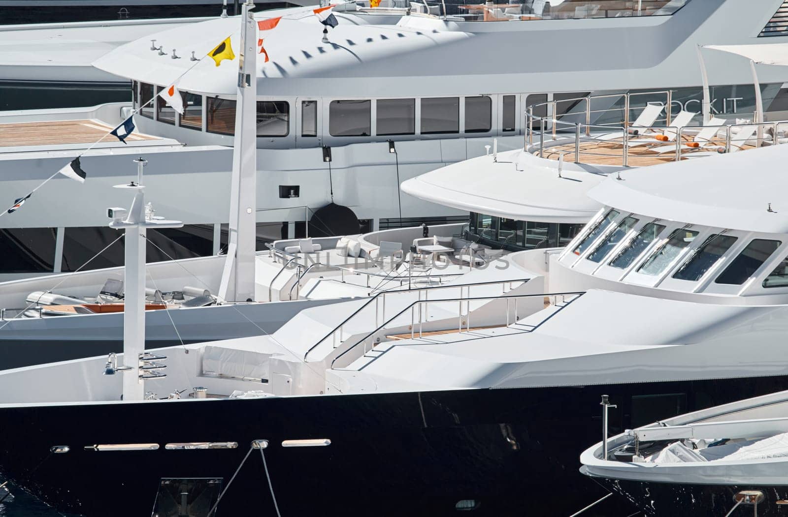 Monaco, Monte Carlo, 27 September 2022 - a lot of luxury yachts at the famous motorboat exhibition in the principality, the most expensive boats for the richest people around the world, yacht brokers. High quality photo
