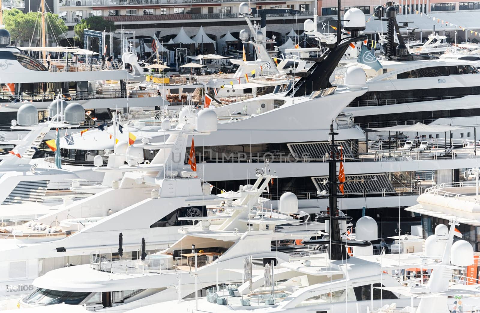 Monaco, Monte Carlo, 27 September 2022 - a lot of luxury yachts at the famous motorboat exhibition in the principality, the most expensive boats for the richest people around the world, yacht brokers. High quality photo