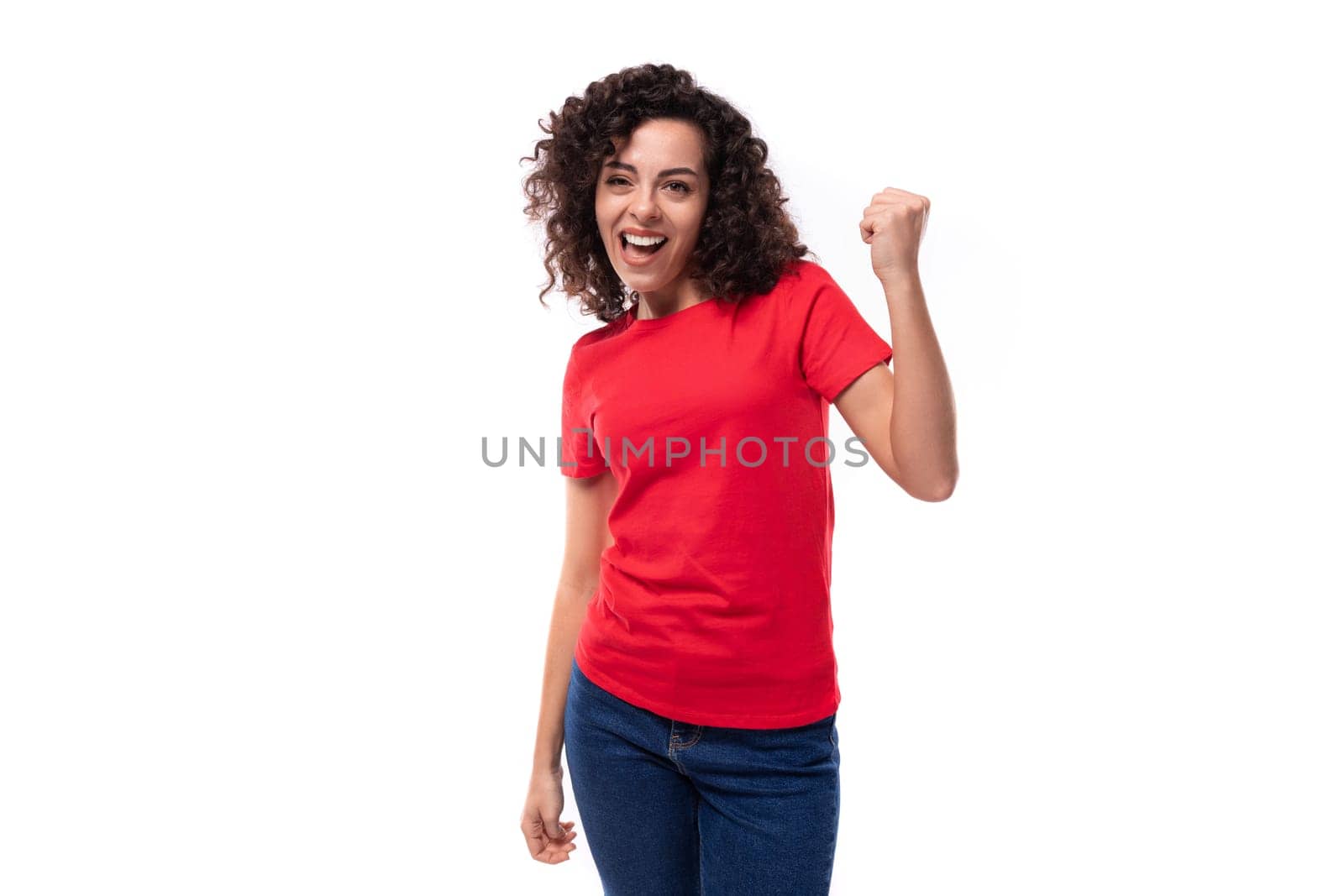 young active curly brunette woman wears casual basic red t-shirt.