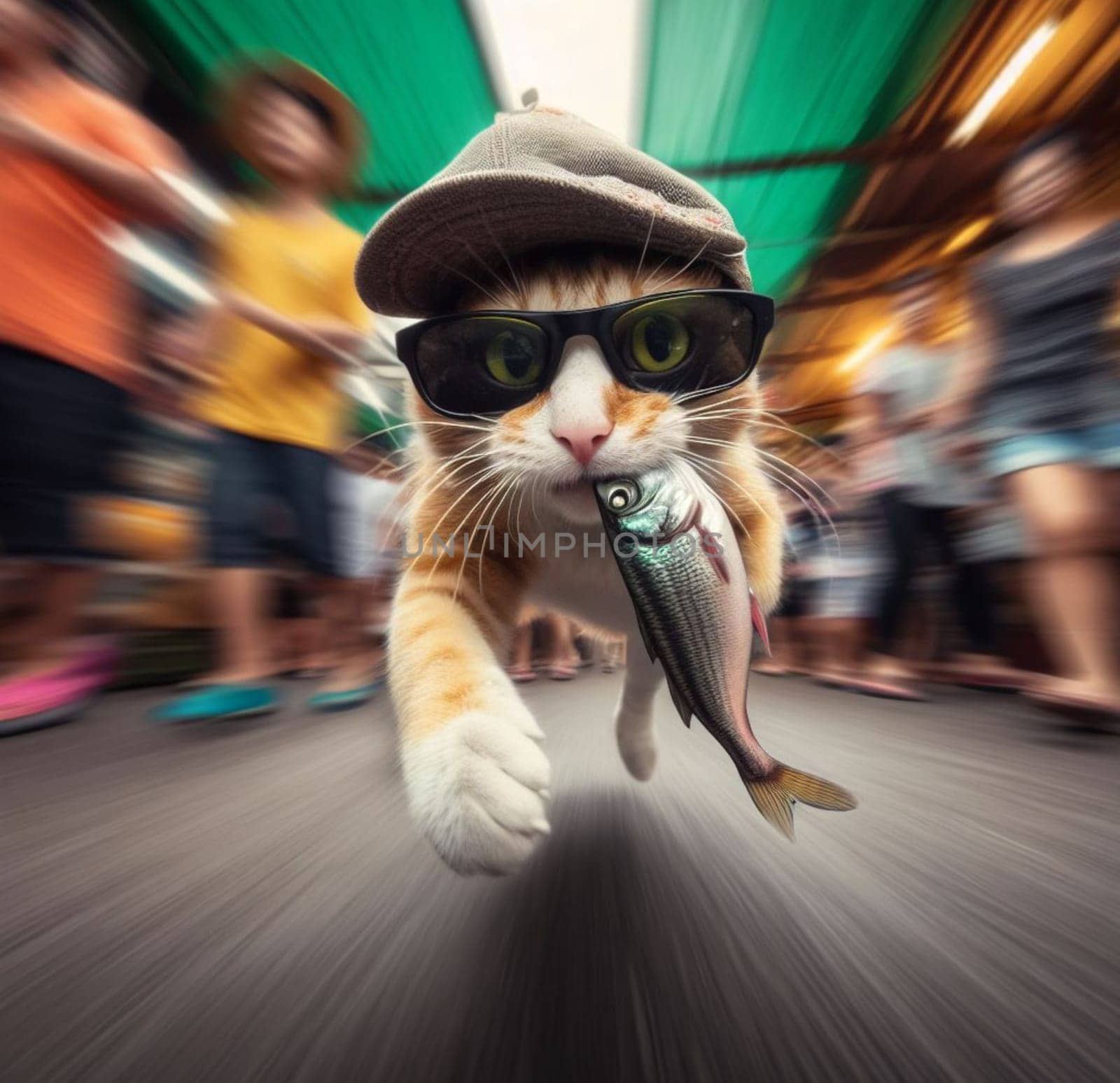 funny cat confident wear cap and sunglass escape walk quiet from market with stolen raw sad fish ai art generated