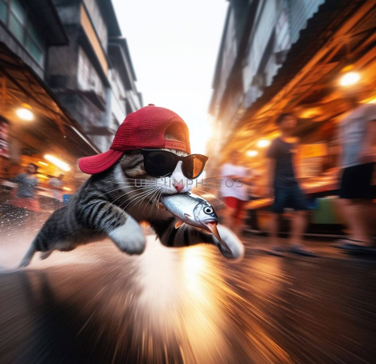 funny cat confident wear cap and sunglass escape walk quiet from market with stolen raw sad fish by verbano