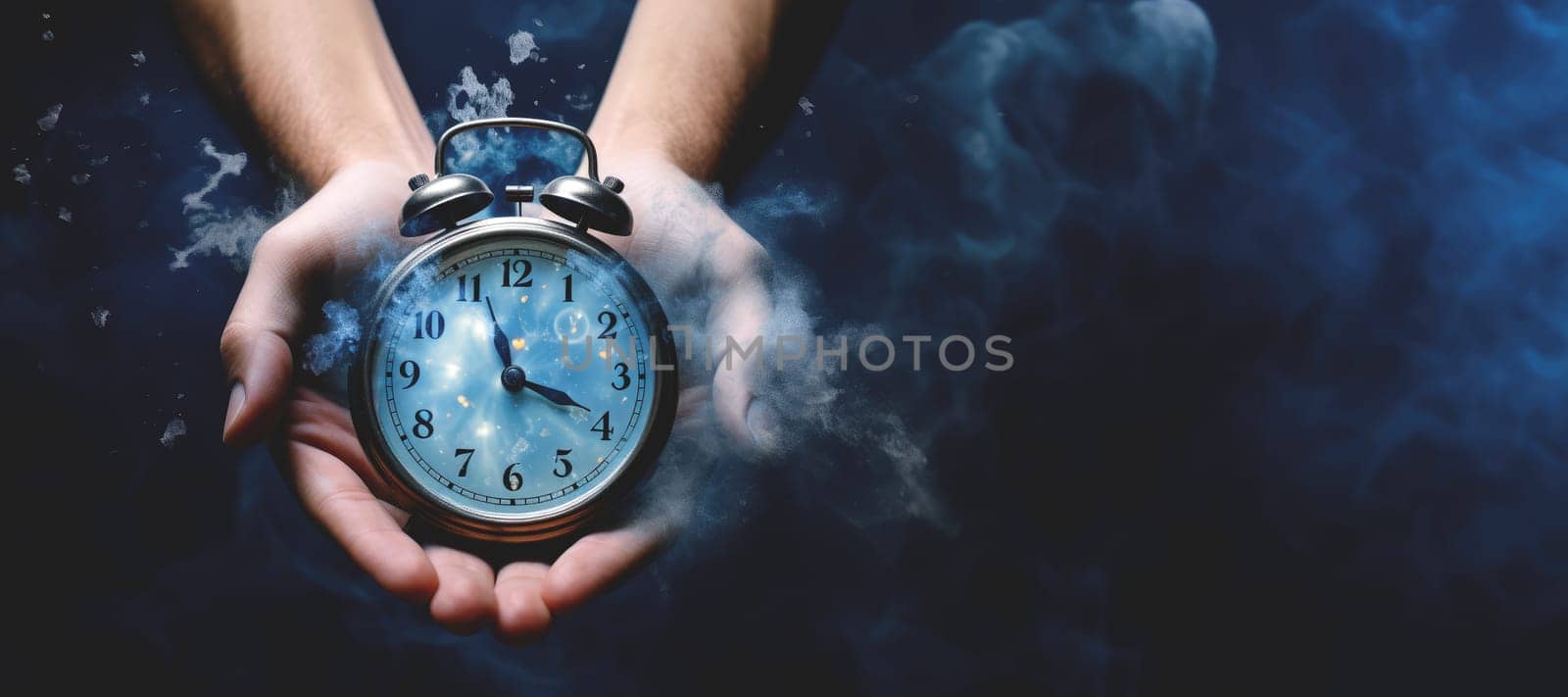 Clock in hand. Time past concept with destroying analog clock