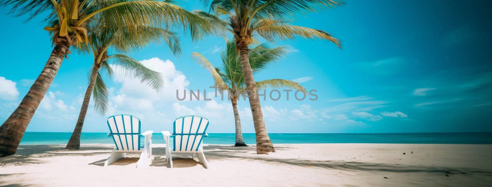 Beach with palm trees and two seats. Holiday and travel concept