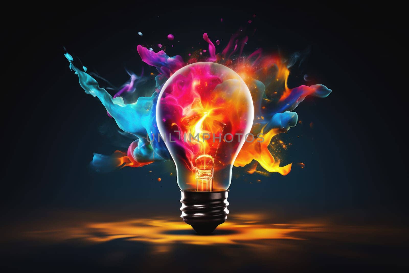 Light bulb in the dark with colorful explosions. Generative AI