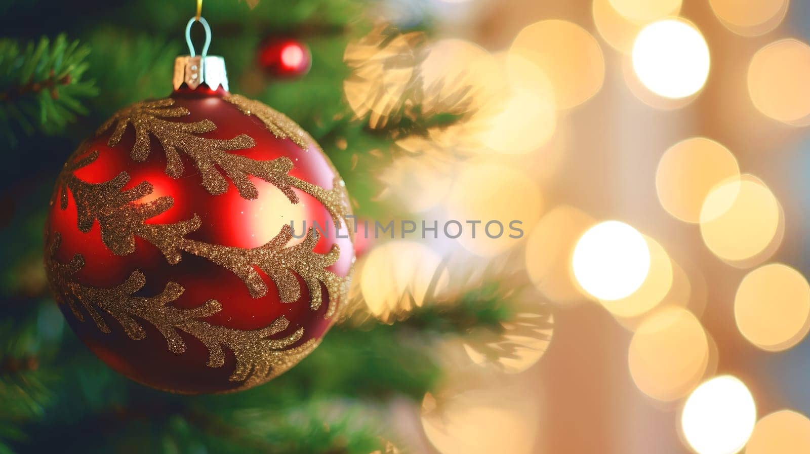 Christmas tree decorations close up, copy space