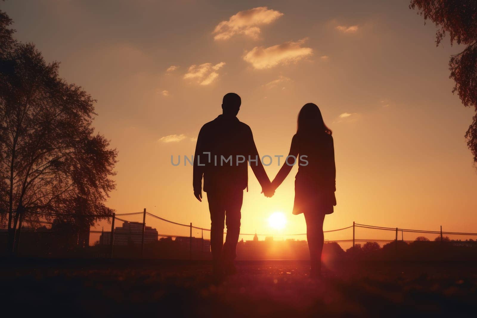 Silhouette of a couple in the sunset, generative AI