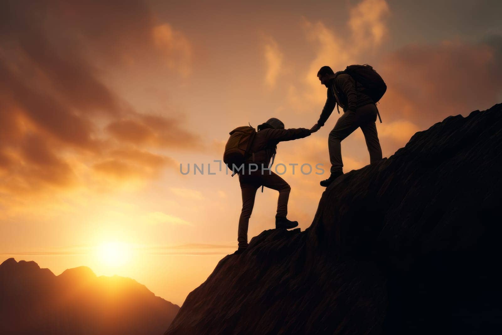 Silhouettes of people climbing the mountain. Business support concept