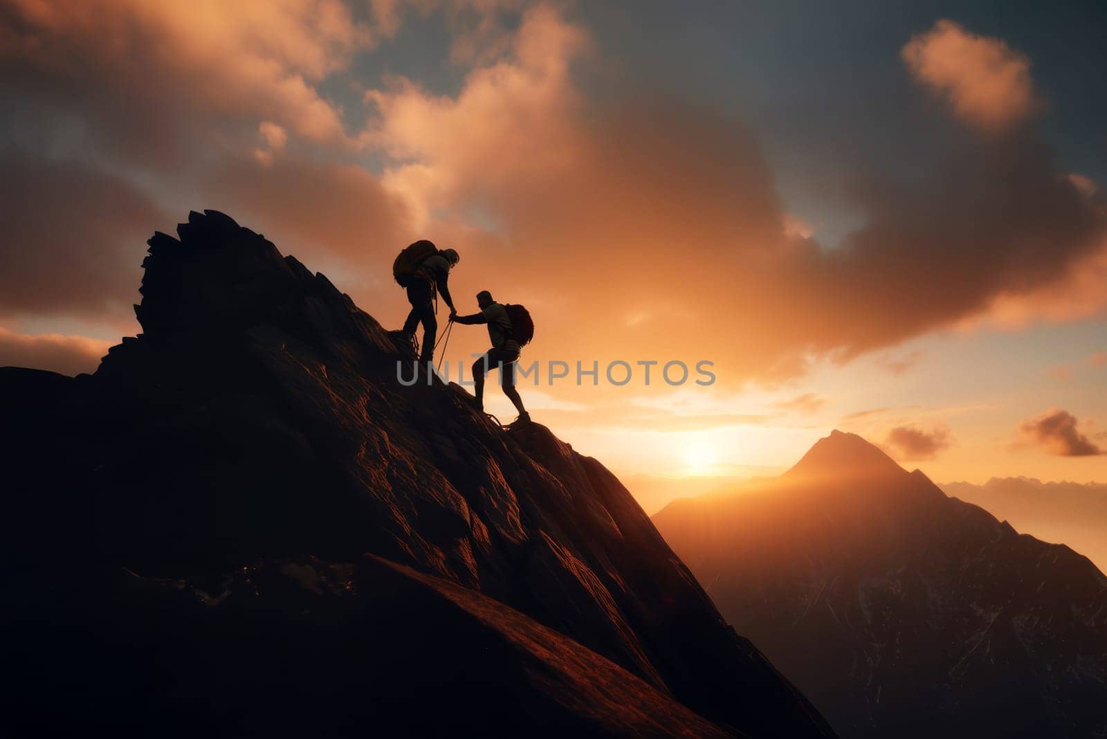 Silhouettes of people climbing the mountain. Business support concept