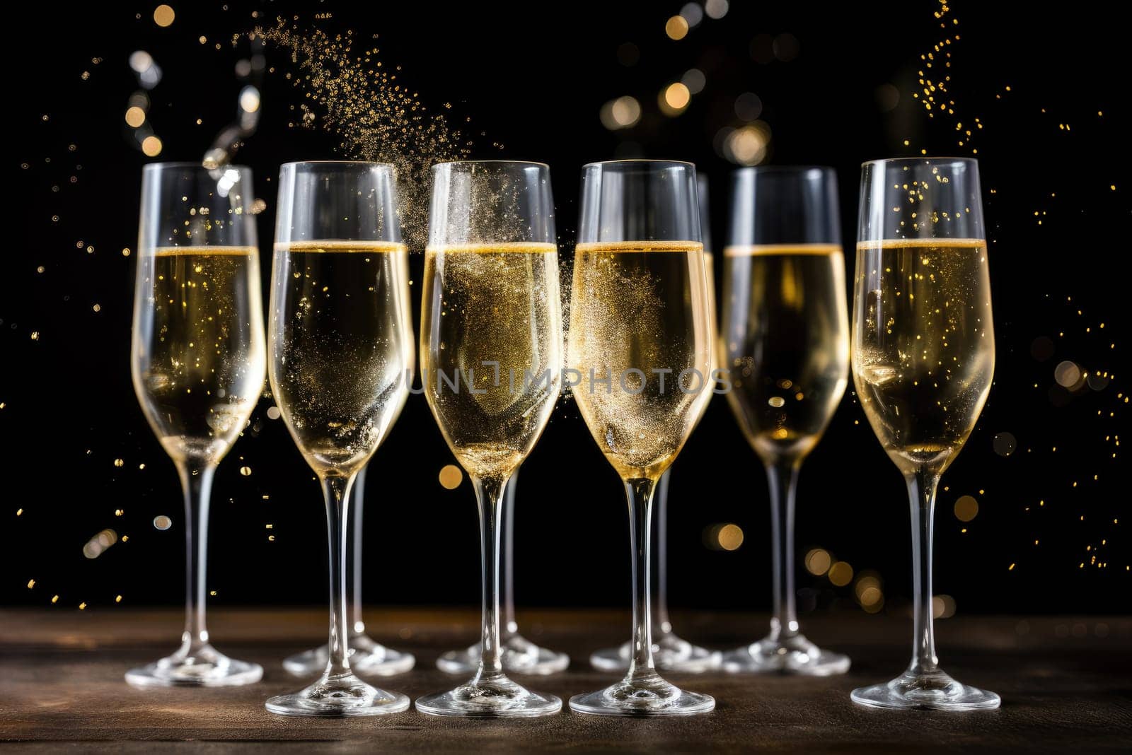 Glasses of champagne on black. New Year's Eve concept