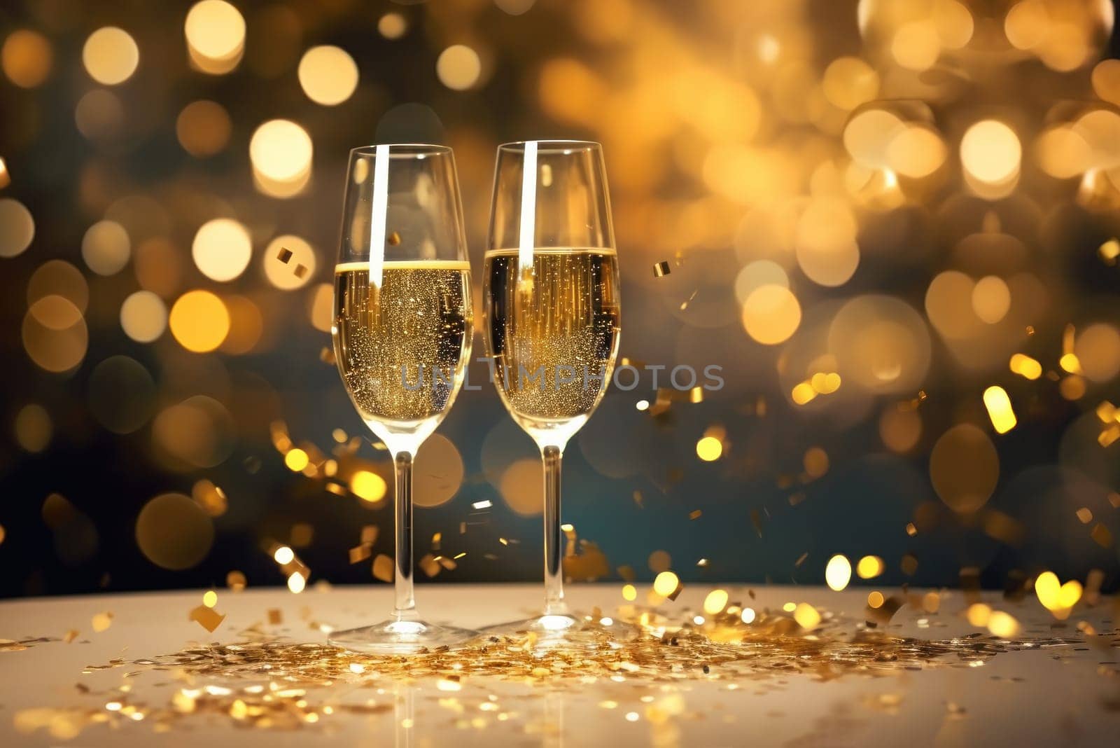 Two glasses of champagne. New Year's Eve concept, generative AI