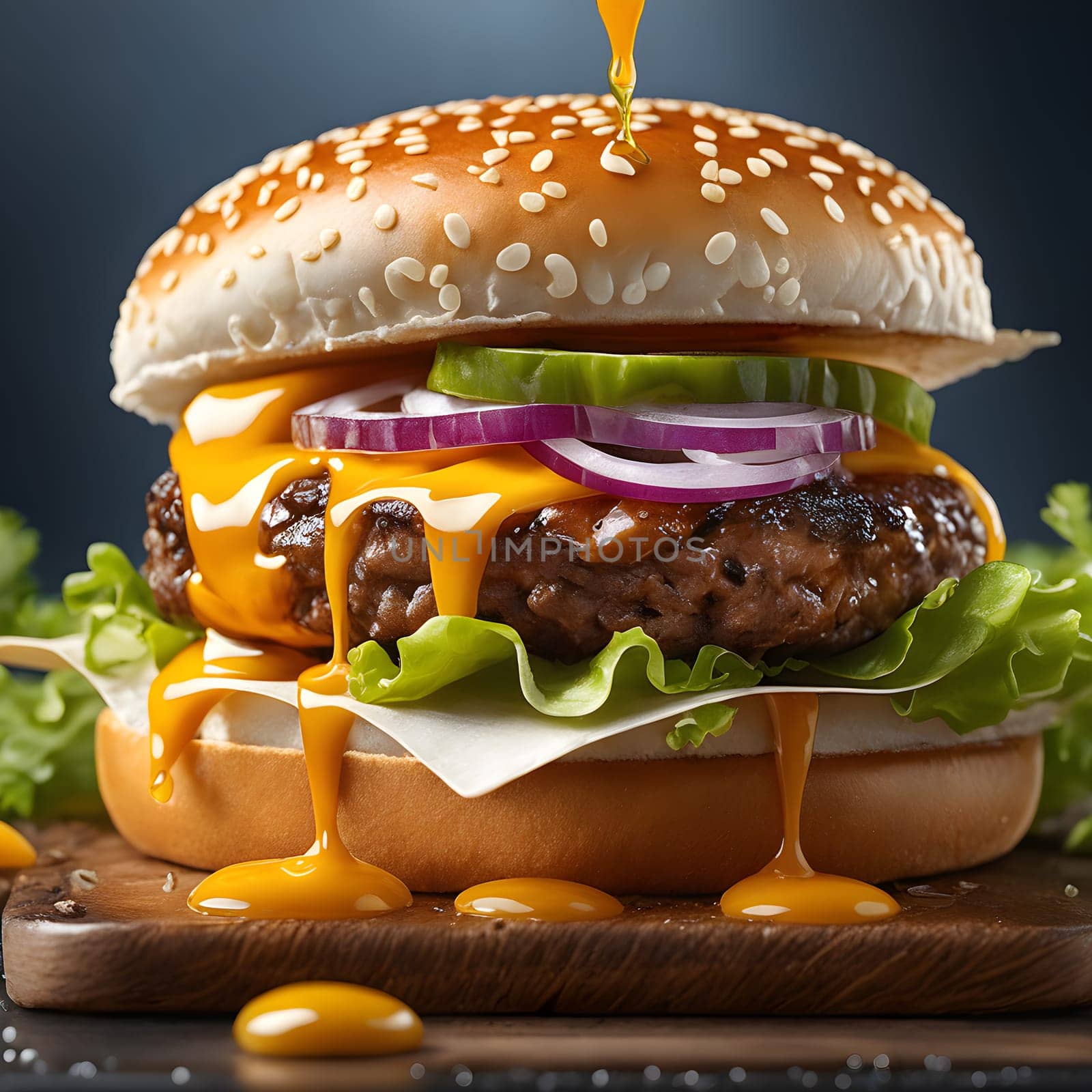 The fresh and delicious cheesy double hamburger with fries on a table in the restaurant.