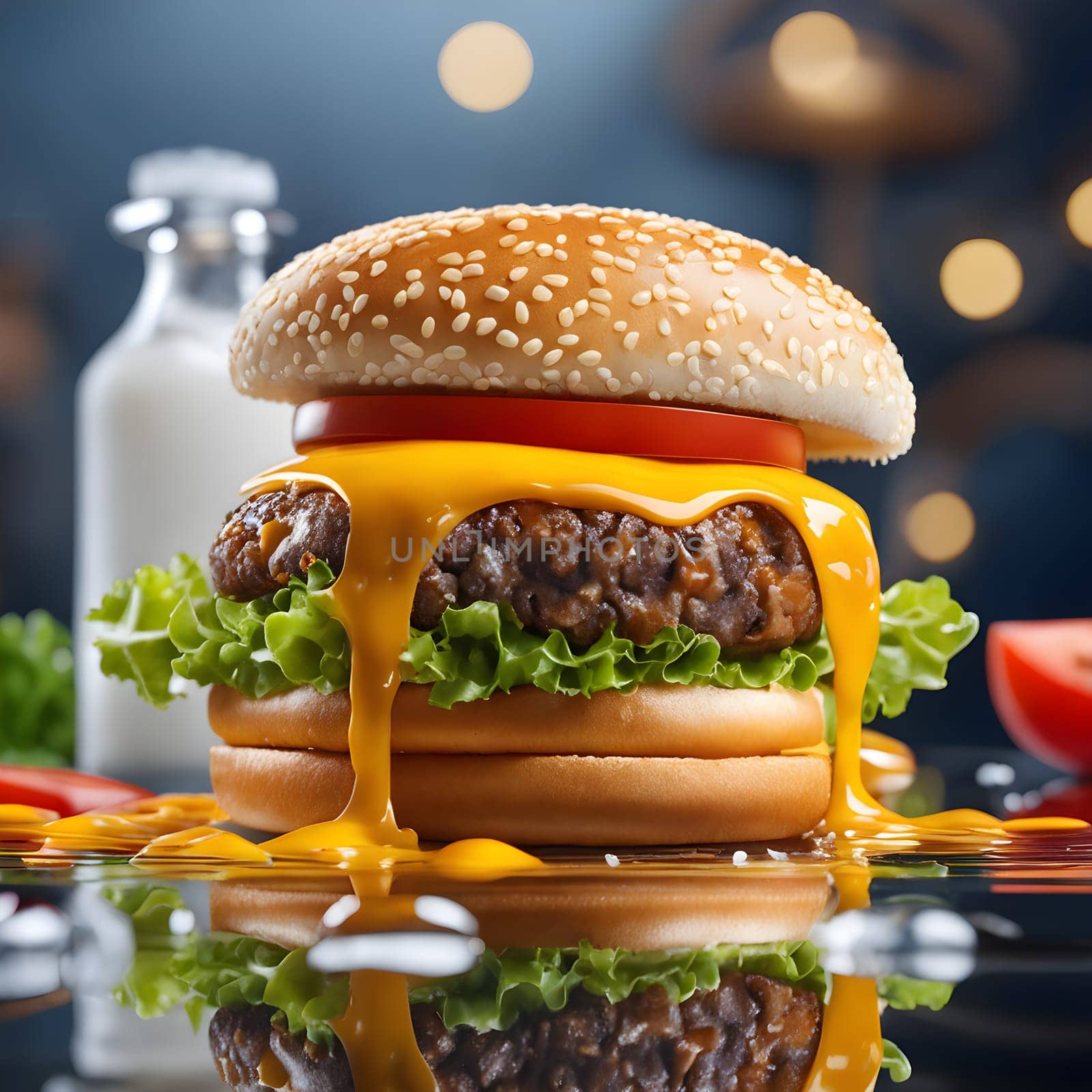 The fresh and delicious cheesy double hamburger with fries on a table in the restaurant.