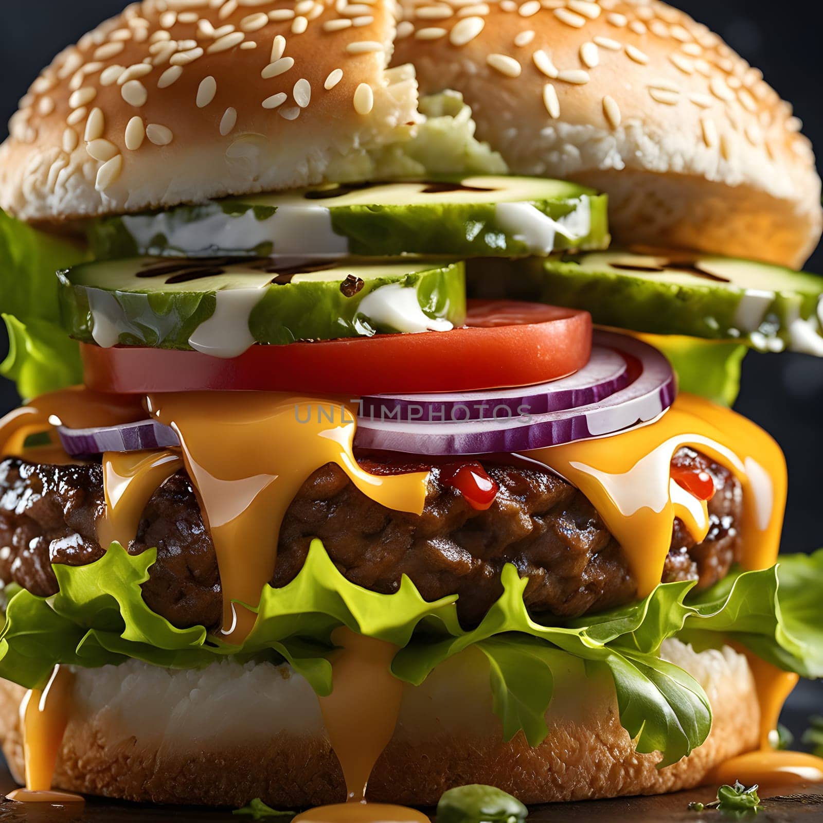 The fresh and delicious cheesy double hamburger with fries on a table in the restaurant.