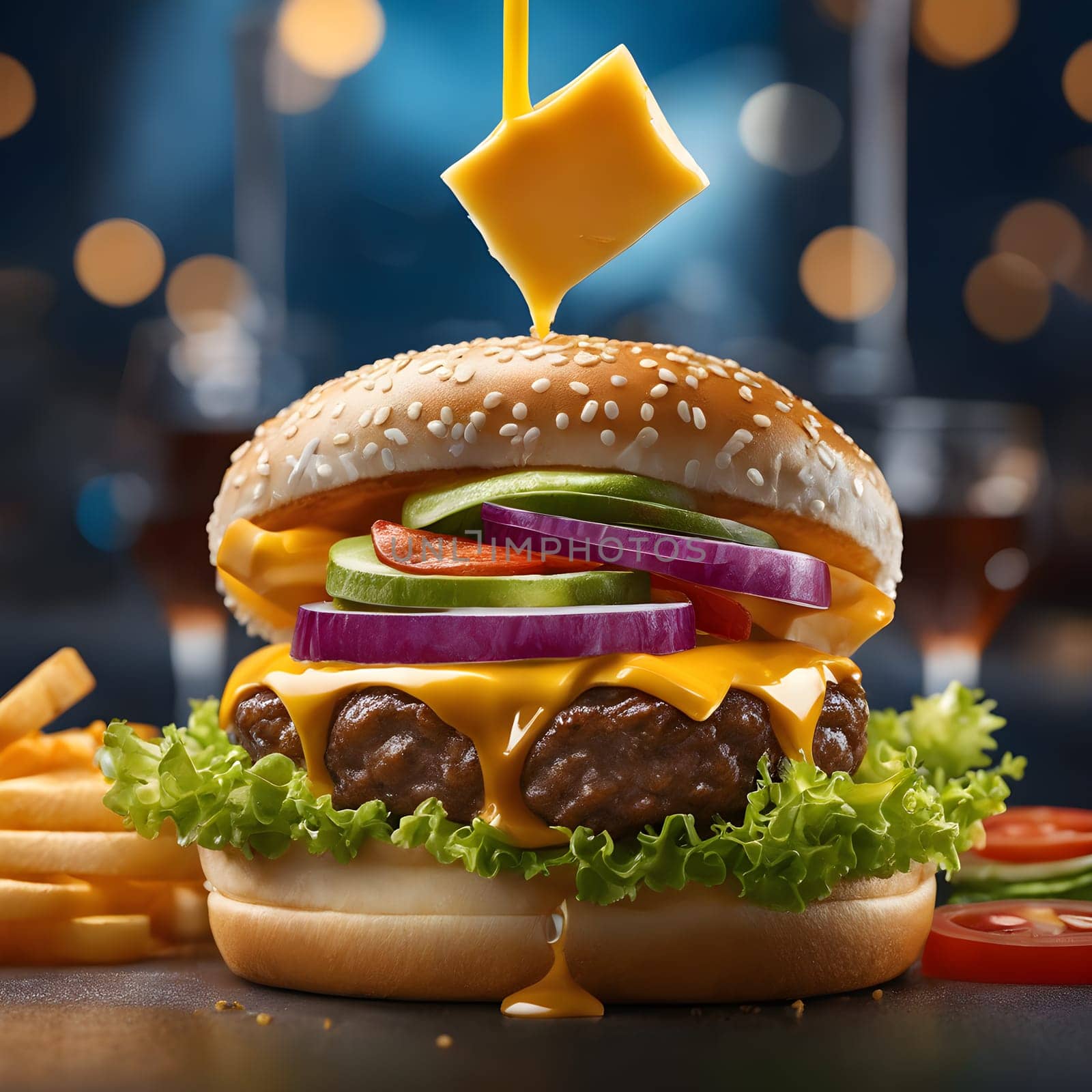 The fresh and delicious cheesy double hamburger with fries on a table in the restaurant.