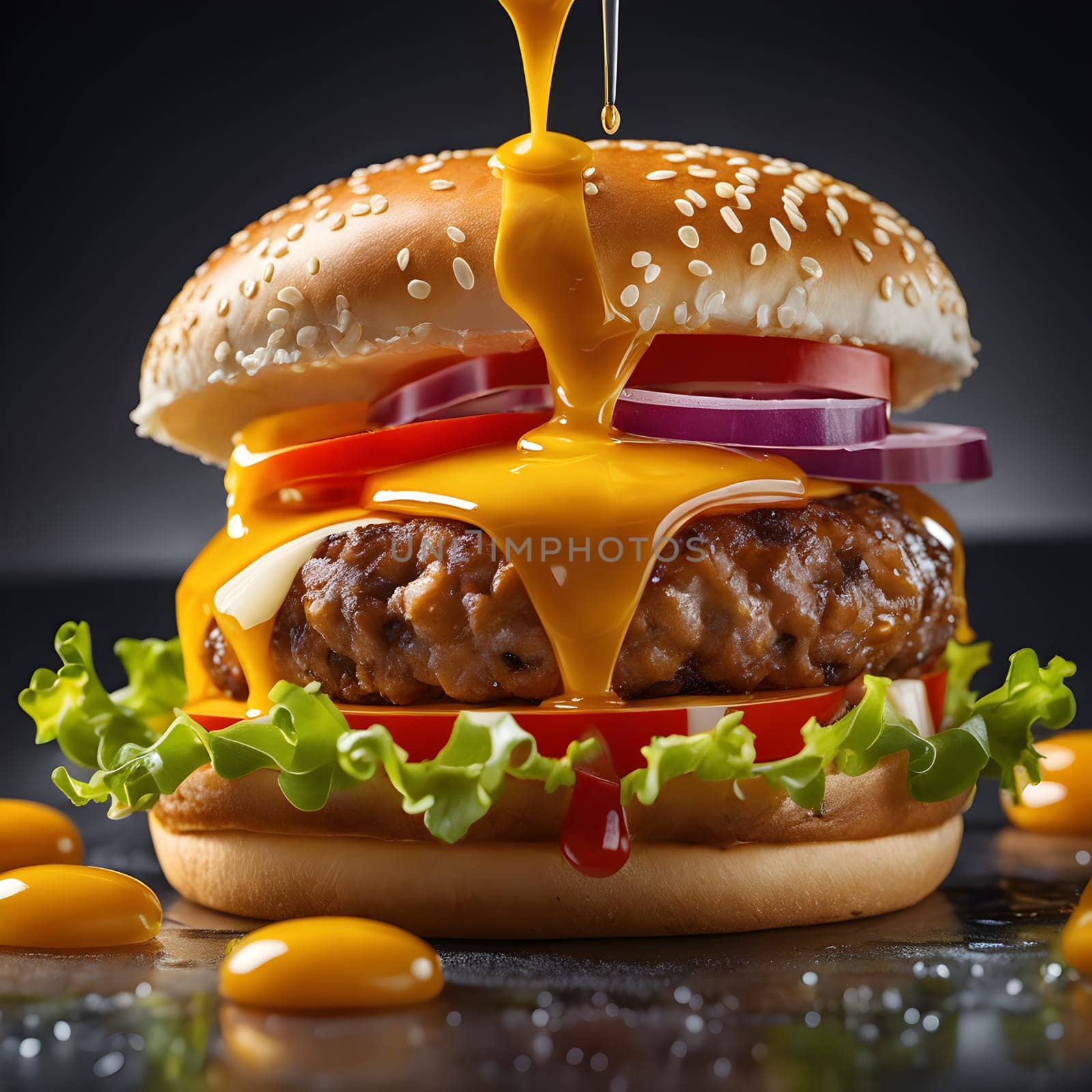 The fresh and delicious cheesy double hamburger with fries on a table in the restaurant.