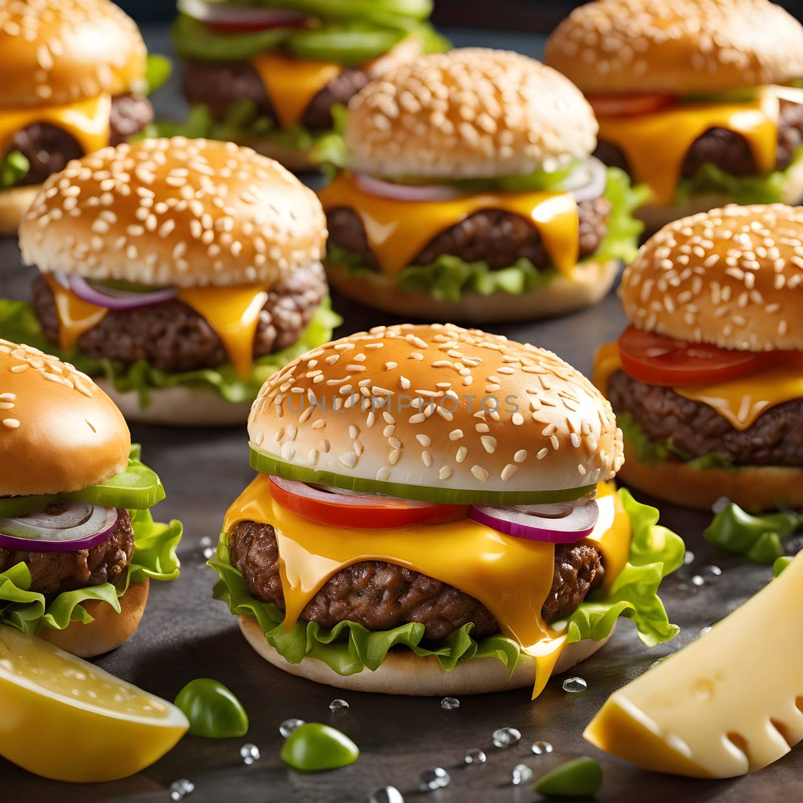 The fresh and delicious cheesy double hamburger with fries on a table in the restaurant.