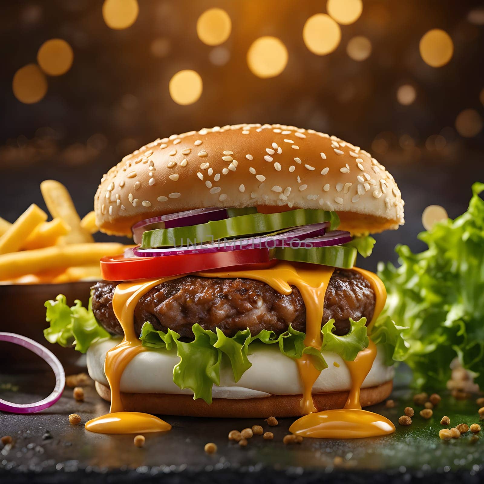 The fresh and delicious cheesy double hamburger with fries on a table in the restaurant.