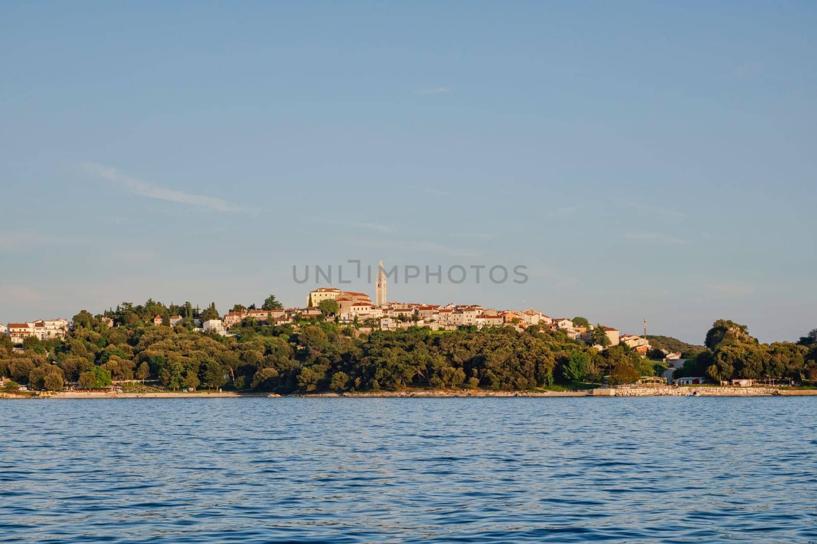 the port town of Vrsar in Croatia seen from a boat from C with the sun on the houses and the church protruding above the town in the middle of the greenery in the woods