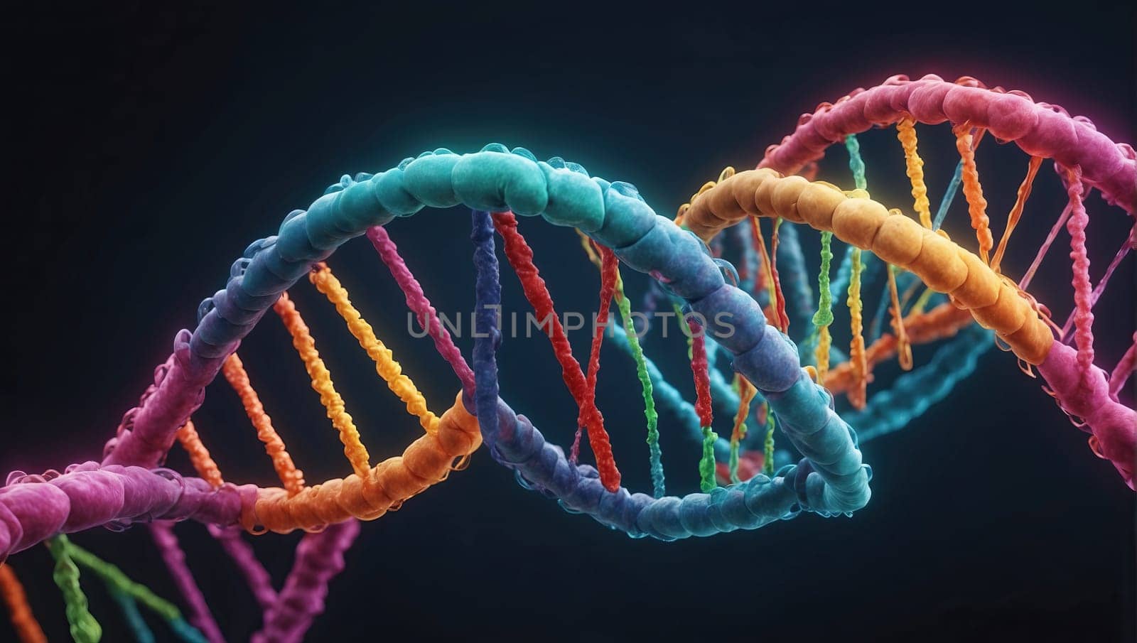 Photography of colored DNA. AI generated