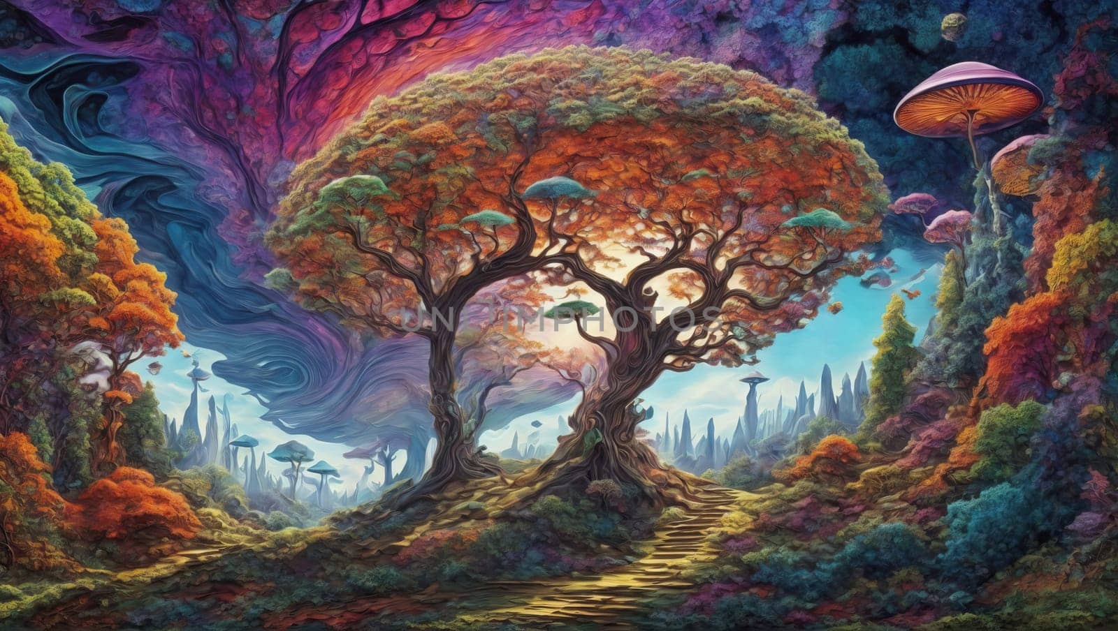 Colored magical forest. AI generated